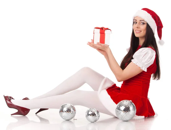 Beautiful Young Woman Santa Cap Gift White Background — Stock Photo, Image