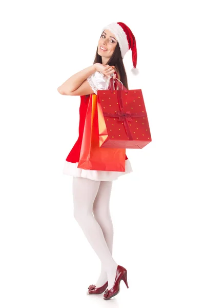 Mulher Bonita Terno Papai Noel Com Sacos Compras Fundo Branco — Fotografia de Stock