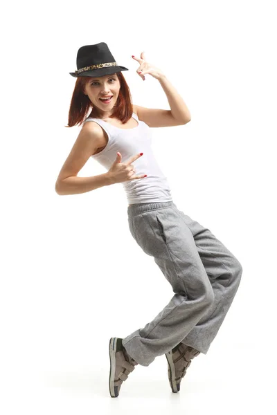 Junge Schöne Sportlerin Die Auf Weißem Hintergrund Tanzt Moderne Tänze — Stockfoto