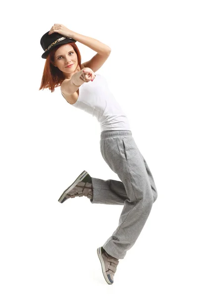 Mladá Krásná Sportovní Žena Tančí Bílém Pozadí Moderní Tance — Stock fotografie