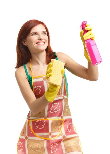 Jovem Com Frasco Spray Esponja Sobre Fundo Branco Serviço Limpeza — Fotografia de Stock