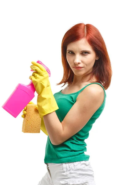 Young Woman Spray Bottle Sponge White Background Housekeeping Cleaning Woman — Stock Photo, Image