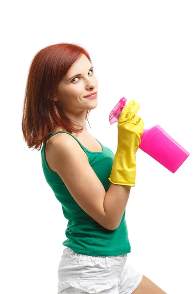 Jovem Com Frasco Spray Esponja Sobre Fundo Branco Serviço Limpeza — Fotografia de Stock