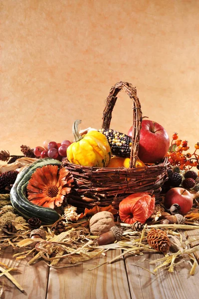 Pumpkin Apple Nuts Berries Corn Cereal Basket Old Weathered Wooden — Stock Photo, Image
