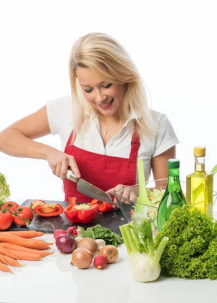 Housewife Slices Peppers Mixed Salad Stock Photo