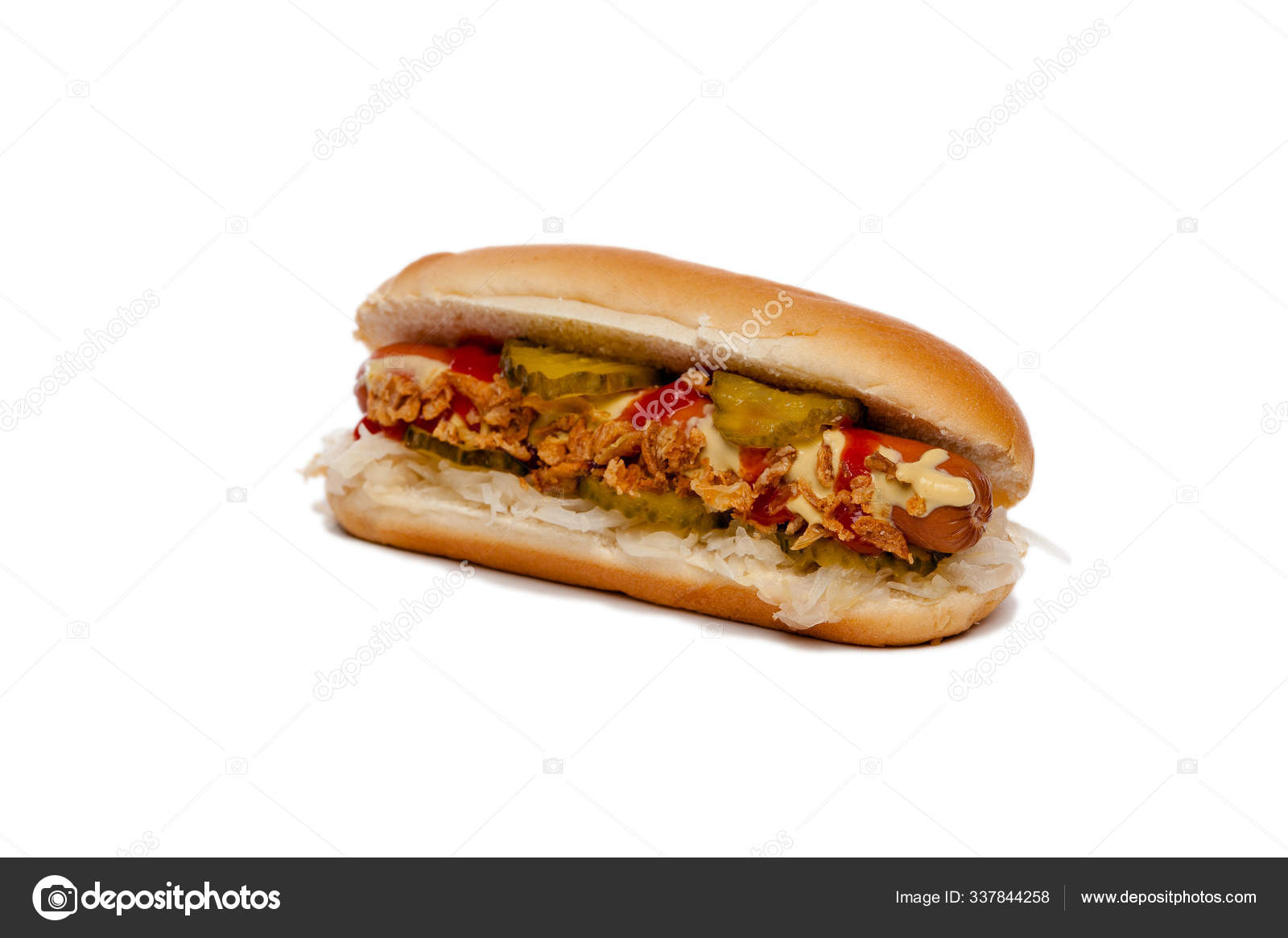 Hot Dog Sauerkraut Cucumber Ketchup Mustard Onions Side View Isolated