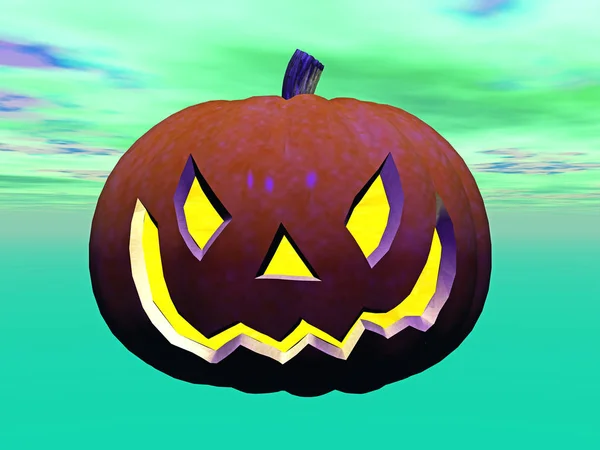 Abóbora Halloween Com Rosto Brilhante Sorriso Fundo Escuro — Fotografia de Stock