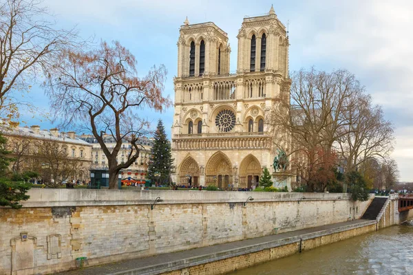 Árvore Natal Frente Principal Fachada Oeste Catedral Notre Dame Paris — Fotografia de Stock