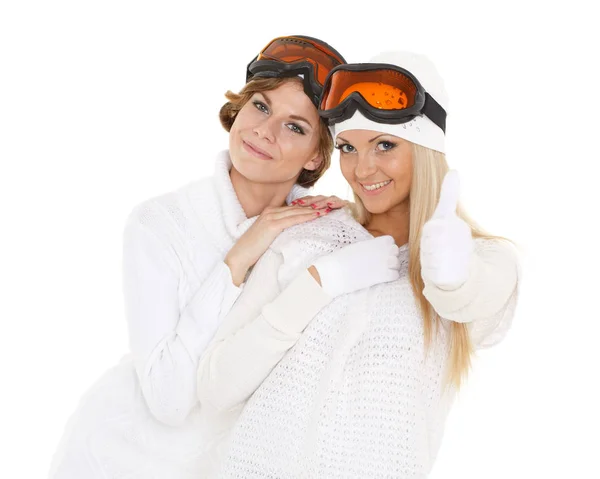 Deux Jeunes Jolies Femmes Vêtues Hiver Portant Des Lunettes Ski — Photo