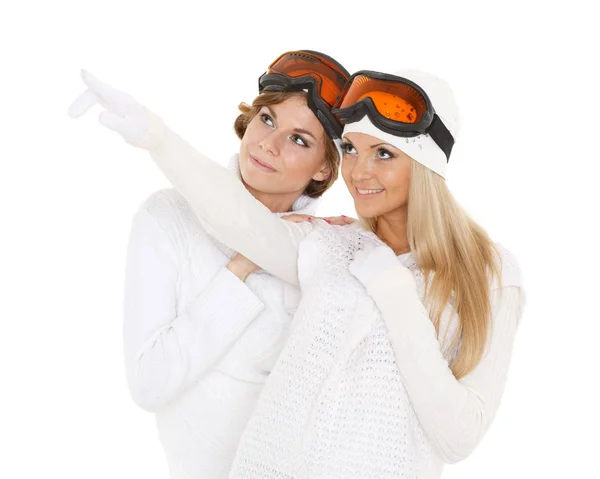 Deux Jeunes Jolies Femmes Vêtues Hiver Portant Des Lunettes Ski — Photo