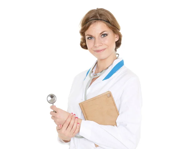 Happy Smiling Female Doctor Stethoscope Notepad White Background — Stock Photo, Image