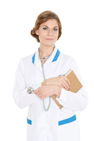 Stetoskop Beyaz Arka Planda Defteri Olan Mutlu Gülümseyen Kadın Doktor — Stok fotoğraf
