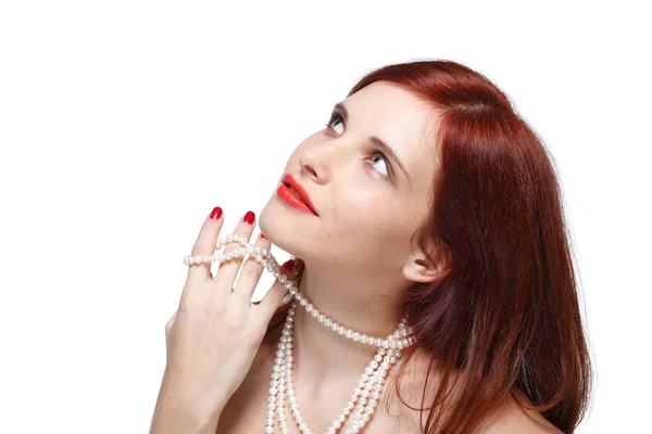Portrait Beautiful Young Red Haired Woman Pearly Necklace White Background Stock Image