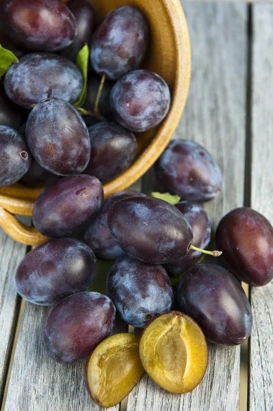 Plums Plums Bowl Wooden Table — Stockfoto