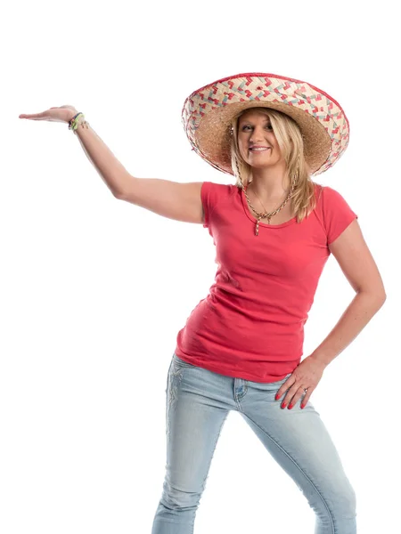 Mujer Con Sombrero Sosteniendo Una Presentación — Foto de Stock
