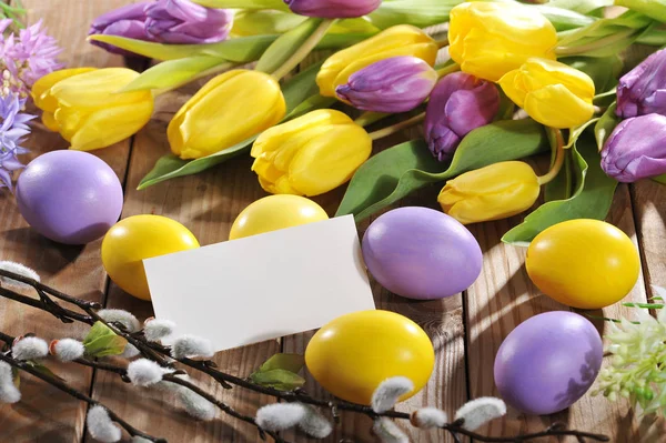 Purple Yellow Easter Eggs Tulips Pussy Willow Hyacinths Card — 图库照片