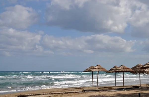 Zandstrand Zwemstrand Kust Strand Stalida Stalidas Malia Kreta Parasol Parasols — Stockfoto