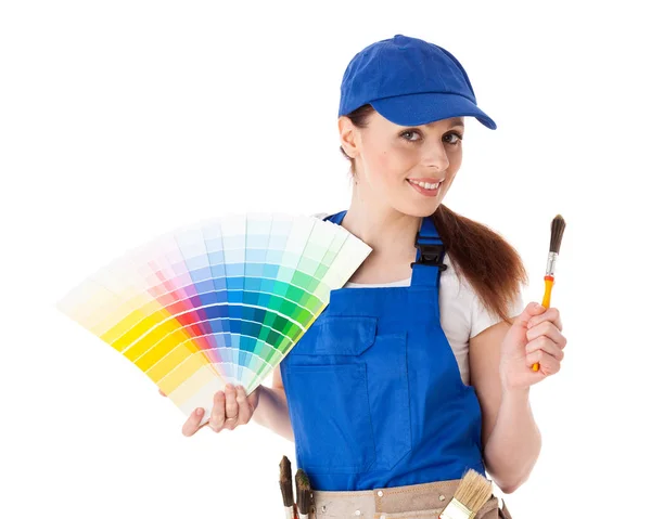 Young Woman Coverall Color Guide Paintbrushes White Background — Stock Photo, Image