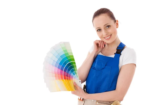 Beyaz Arka Planda Renk Rehberi Olan Güzel Genç Kadın Mimarım — Stok fotoğraf
