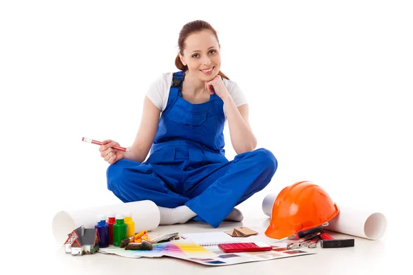 Trabalhadora Construção Feminina Fundo Branco — Fotografia de Stock