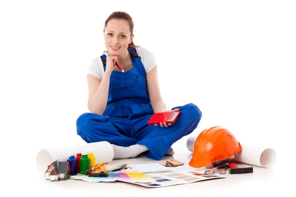 Trabalhadora Construção Feminina Fundo Branco — Fotografia de Stock