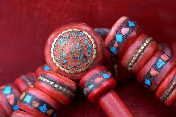 Closeup Parts Ornate Yak Bone Tibetan Prayer Beads Red Fabric — Stock Photo, Image