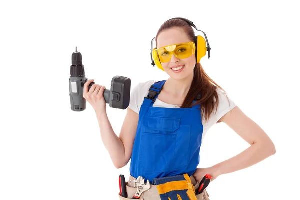 Young Woman Coverall Screwdriver White Background Female Construction Worker Royalty Free Stock Images