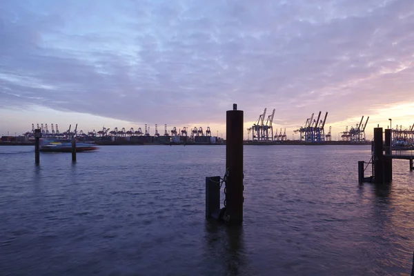 Puerto Hamburgo Con Algunas Grúas Ganga Contenedores Como Siluetas Contra — Foto de Stock