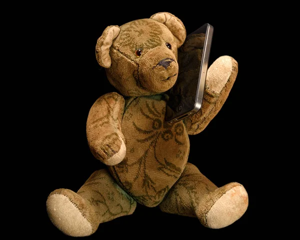 Antique Teddy Phoning Modern Smartphone — Stock Photo, Image