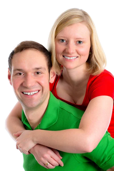 Jong Paar Een Omhelzing Voorkant Van Witte Achtergrond — Stockfoto