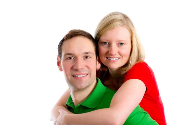 Young Couple Embrace Front White Background — Stock Photo, Image