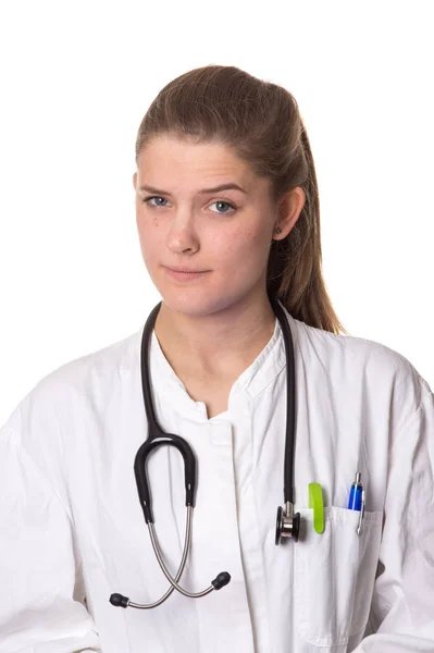 Feminino Médico Olhando Duvidosamente Estetoscópio Aroung Seu Pescoço Canetas Coloridas — Fotografia de Stock