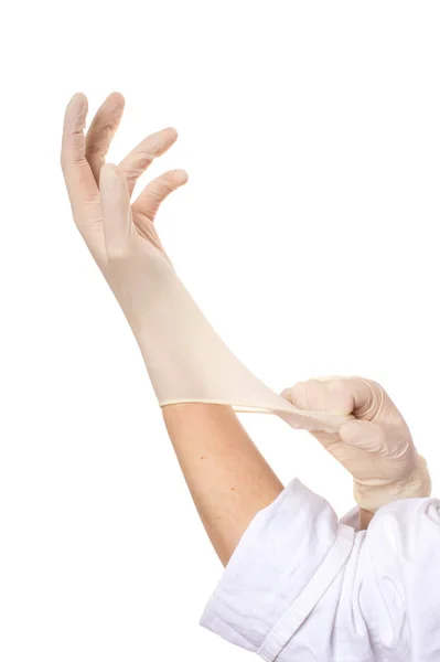 Two Hands Streching Rubber Gloves One Hand Pulling Glove Other — Stock Photo, Image