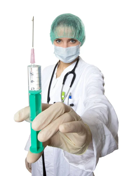 Female Doctor Holding Syringe Selective Focus Hand Holding Syringe Wide — Stock Photo, Image