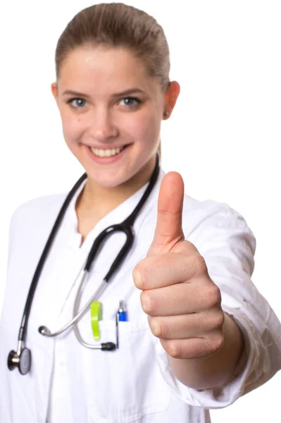 Doctora Sonriendo Cámara Con Pulgar Hacia Arriba Expresando Positividad Buen —  Fotos de Stock