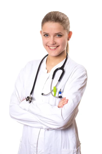 Female Doctor Smiling Camera Her Arms Crossed Isolated White Background — Stock Photo, Image