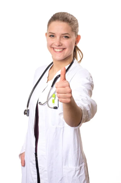 Doctora Con Una Bata Blanca Sonriendo Cámara Con Pulgar Hacia —  Fotos de Stock