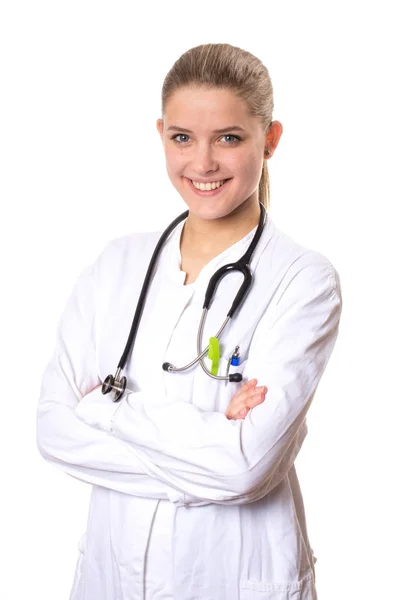 Female Doctor Smiling Camera Her Arms Crossed Isolated White Background Royalty Free Stock Photos