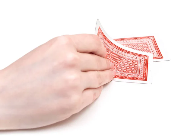 Παίζοντας Χαρτιά Στο Χέρι Της Γυναίκας Κατά Λευκό Φόντο — Φωτογραφία Αρχείου