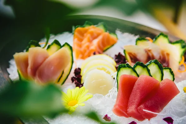 Vários Tipos Sashimi Cru Fresco Gelo — Fotografia de Stock