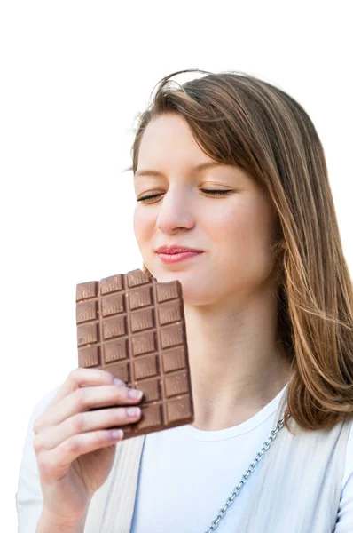 Retrato Jovem Mulher Bonita Comendo Chocolate Estilo Vida Imagem Livre — Fotografia de Stock
