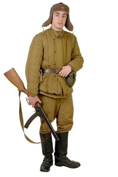Giovane Soldato Sovietico Con Mitragliatrice Sullo Sfondo Bianco — Foto Stock