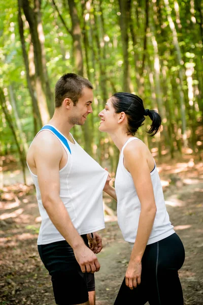 Sport Couple Together Nature Having Great Time Stock Photo