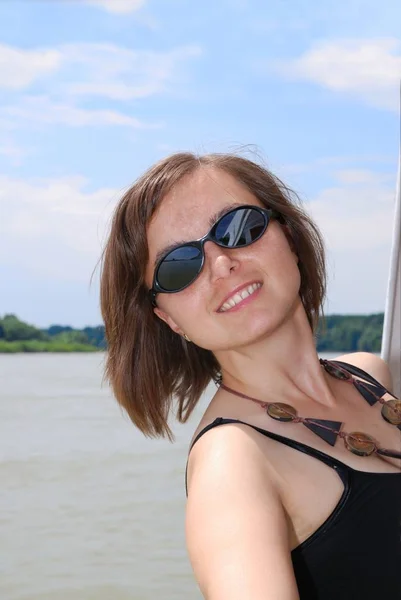 Young Smiling Woman Rests Rail Boat River Trip Royalty Free Stock Photos