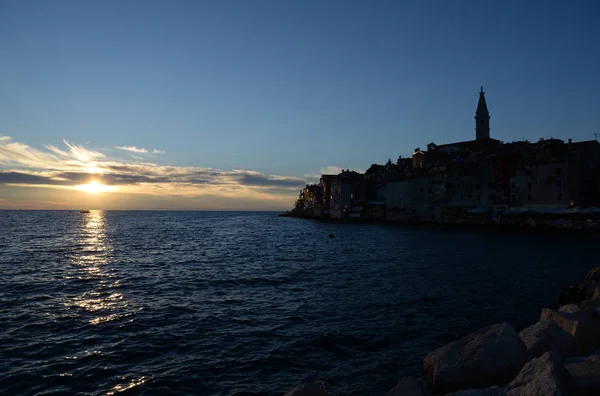 Rovinj Istrien Kroatia Hav Medelhavet Kust Halvö Kväll Natt Solnedgång — Stockfoto