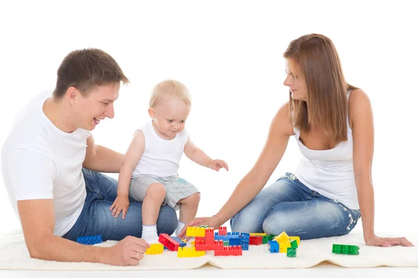 Šťastná Rodina Sladké Dítě Hrát Bílém Pozadí — Stock fotografie