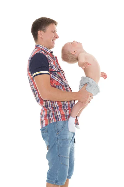 Young Father Baby Doing Gymnastic Exercises Holding Baby Hands White — Stock Photo, Image