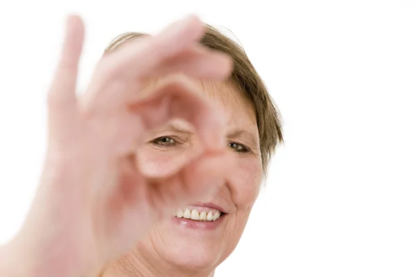 Head View Mature Woman Short Brown Hair Shown Sign Looking — Stock Photo, Image