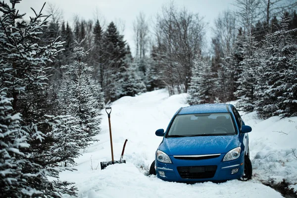 Coche Atascado Nieve Camino Forestal Medio Ninguna Parte —  Fotos de Stock