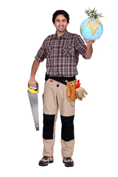 Man Holding Saw Globe — Stock Photo, Image